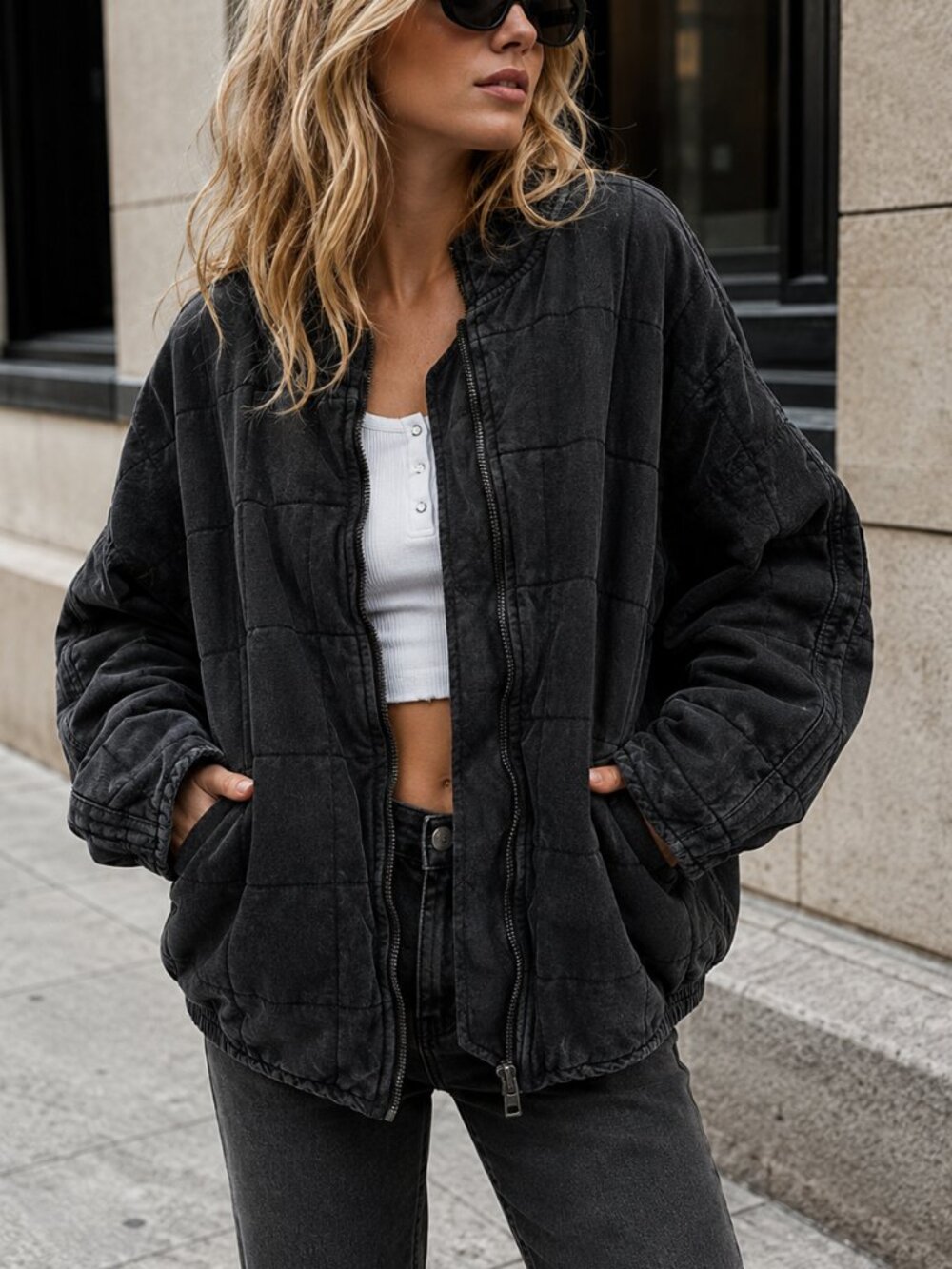 Free People "Dolman" knit quilted zip-up jacket, washed black, size L